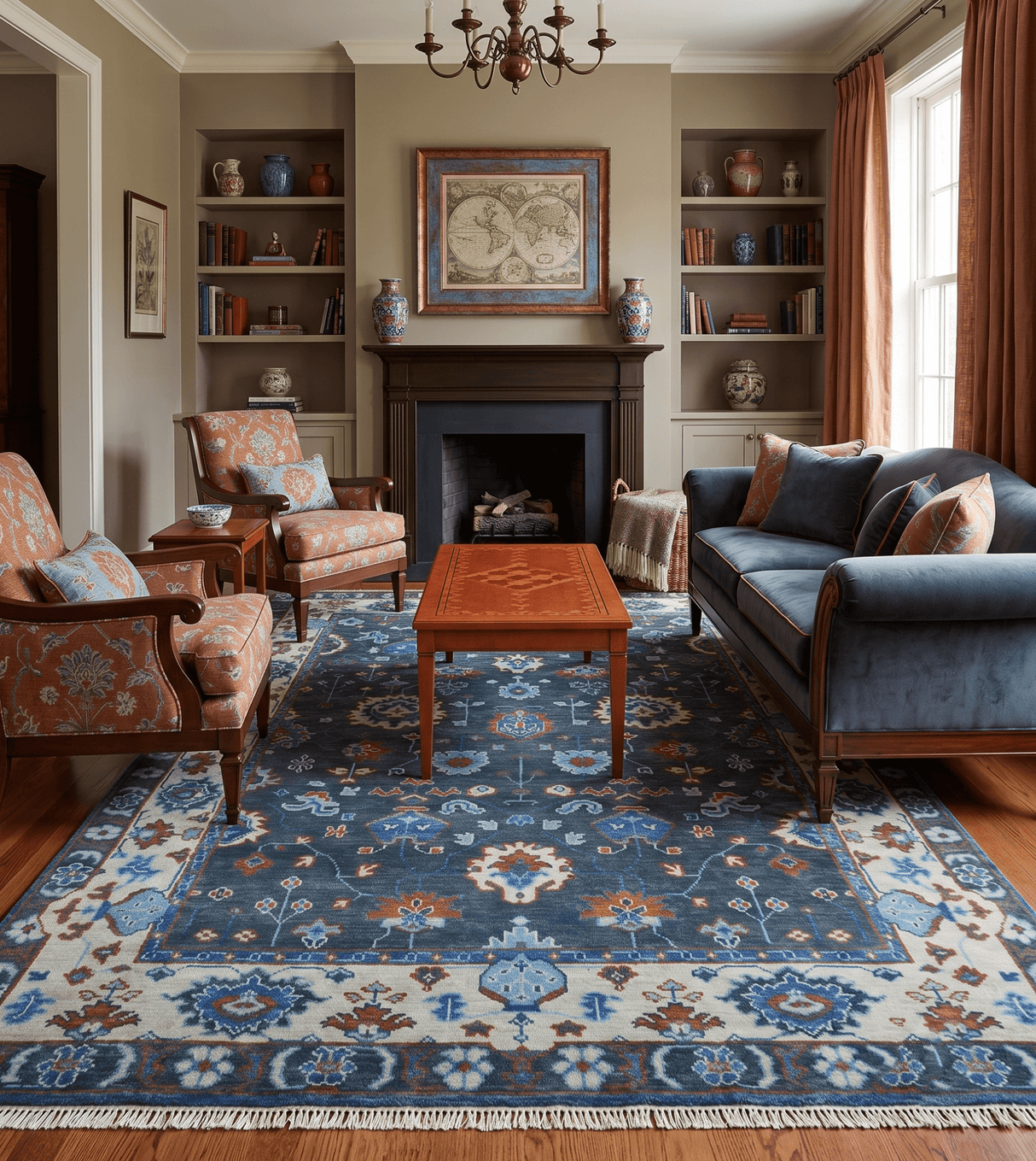 Hand Knotted Teal, Blue and Ivory Traditional Oriental Oushak Wool Area Rug
