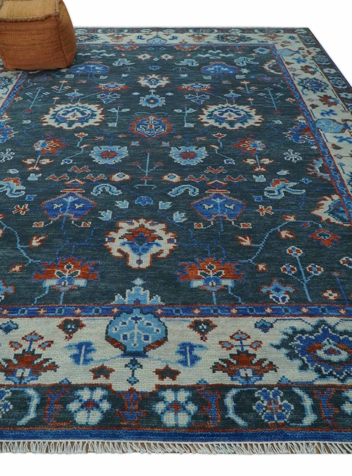 Hand Knotted Teal, Blue and Ivory Traditional Oriental Oushak Wool Area Rug