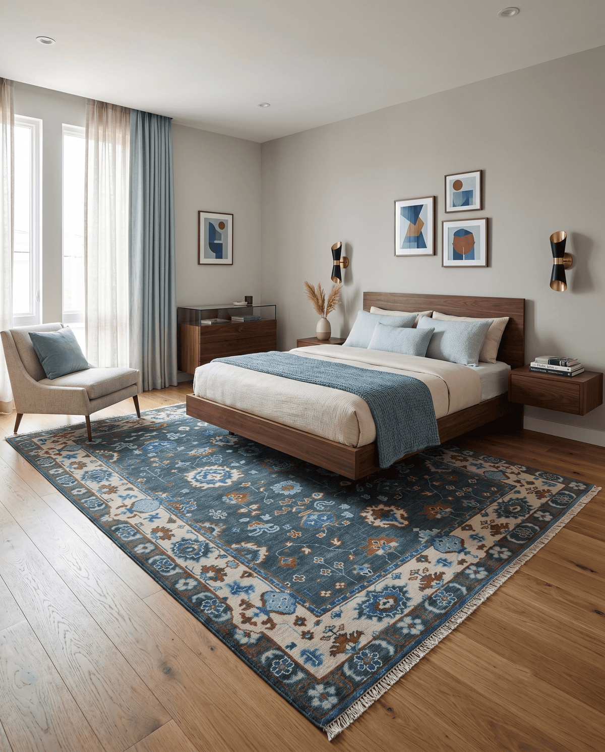 Hand Knotted Teal, Blue and Ivory Traditional Oriental Oushak Wool Area Rug