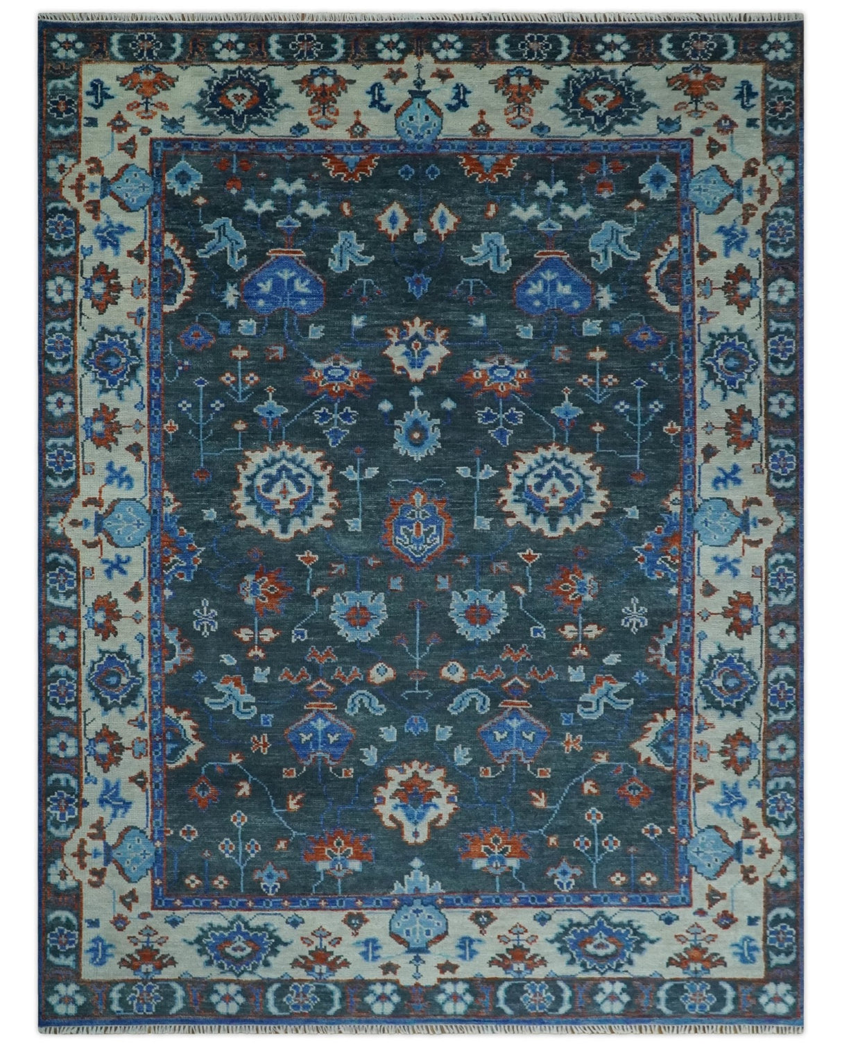 Hand Knotted Teal, Blue and Ivory Traditional Oriental Oushak Wool Area Rug