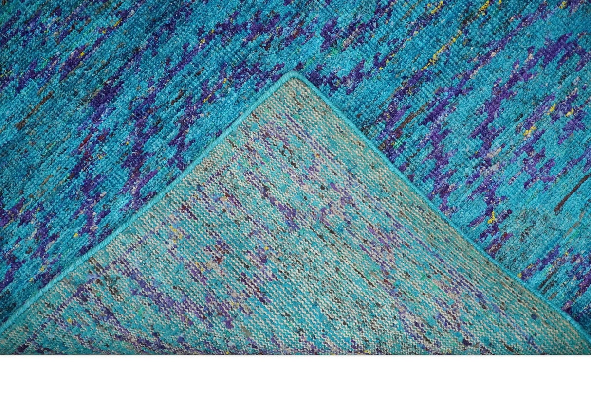 Hand Knotted Teal Blue and Violet Modern Contemporary Southwestern Tribal Trellis Recycled Silk Area Rug