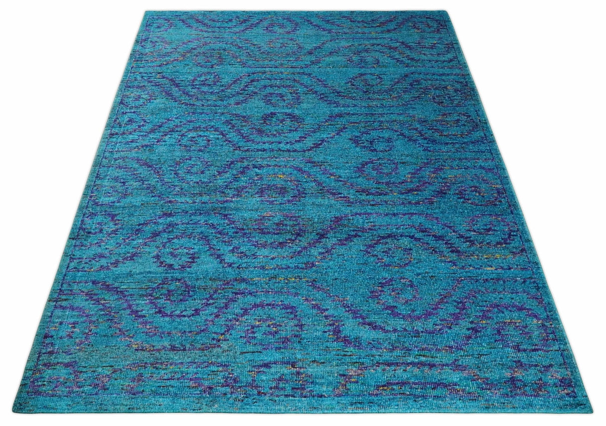 Hand Knotted Teal Blue and Violet Modern Contemporary Southwestern Tribal Trellis Recycled Silk Area Rug