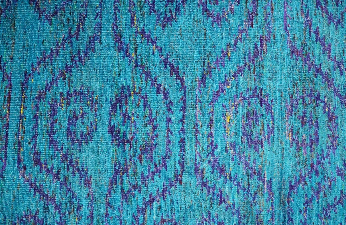 Hand Knotted Teal Blue and Violet Modern Contemporary Southwestern Tribal Trellis Recycled Silk Area Rug