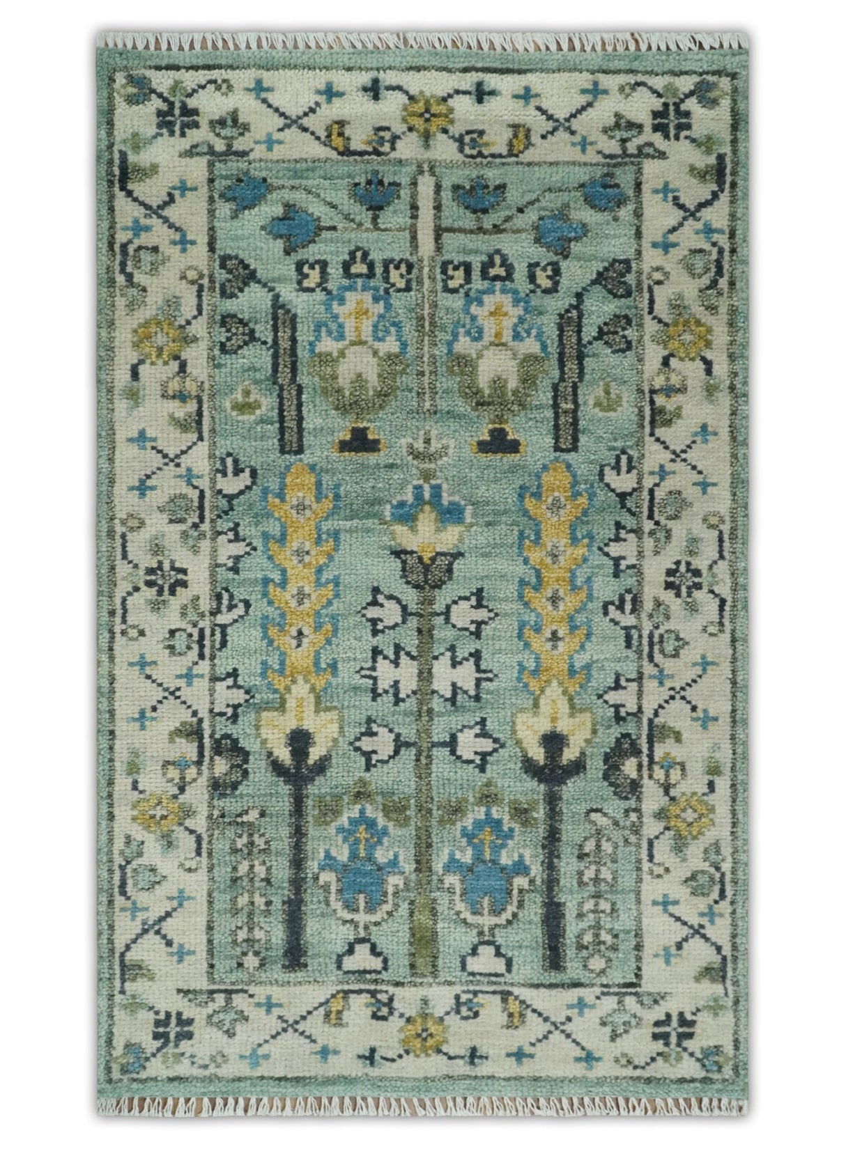 Hand Knotted Traditional Aqua and Ivory Antique Oushak Custom Made Wool Area Rug