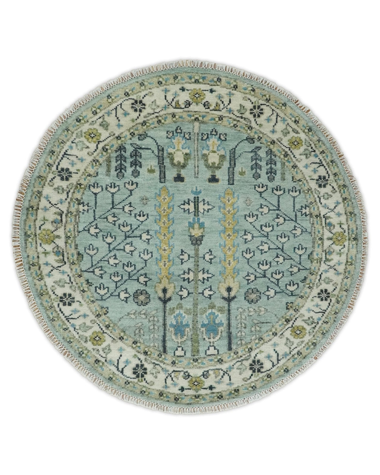 Hand Knotted Traditional Aqua and Ivory Antique Oushak Custom Made Wool Area Rug