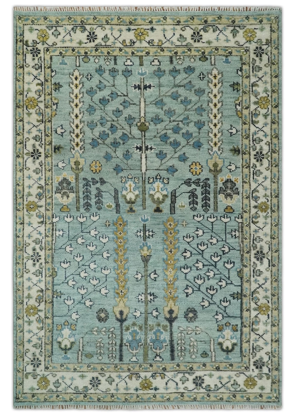 Hand Knotted Traditional Aqua and Ivory Antique Oushak Custom Made Wool Area Rug