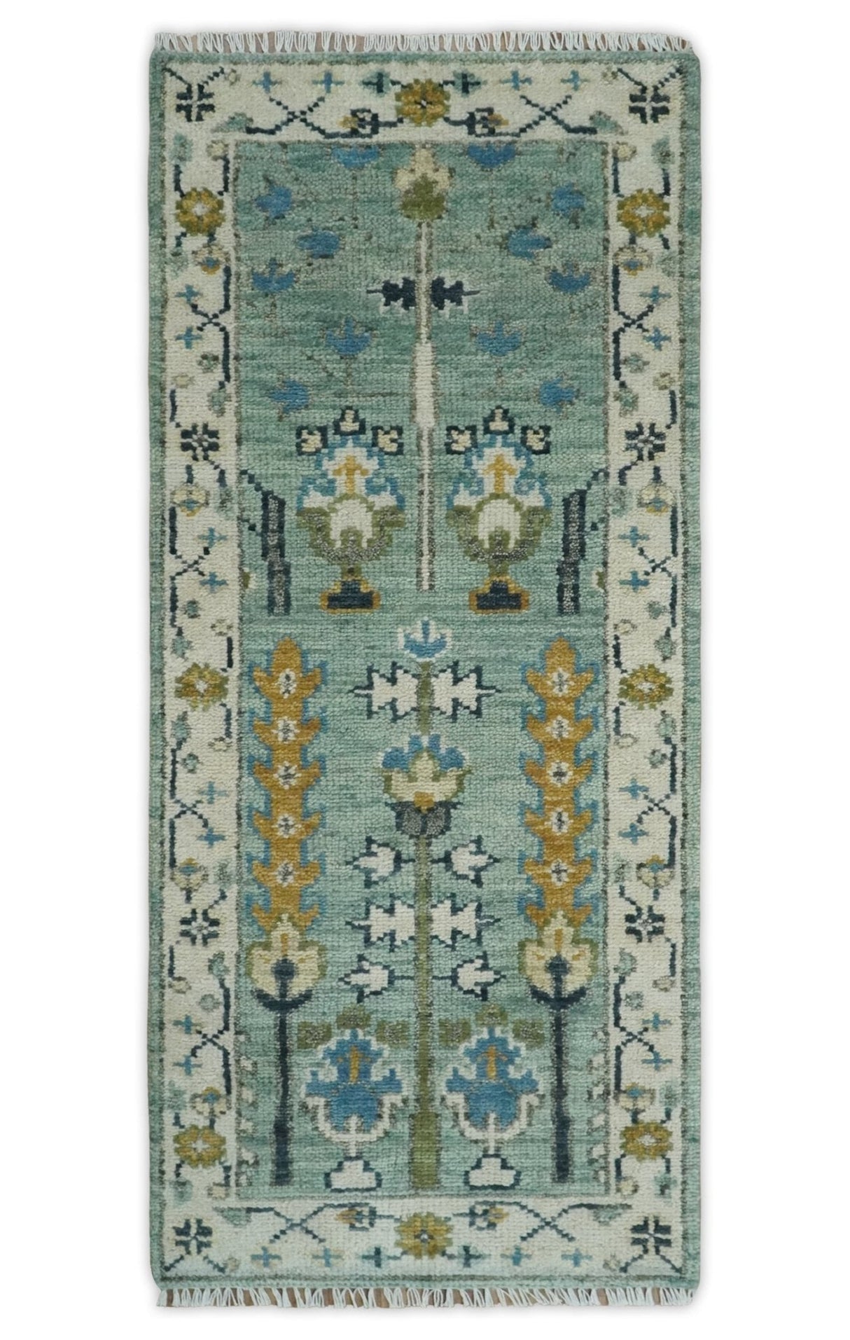 Hand Knotted Traditional Aqua and Ivory Antique Oushak Custom Made Wool Area Rug
