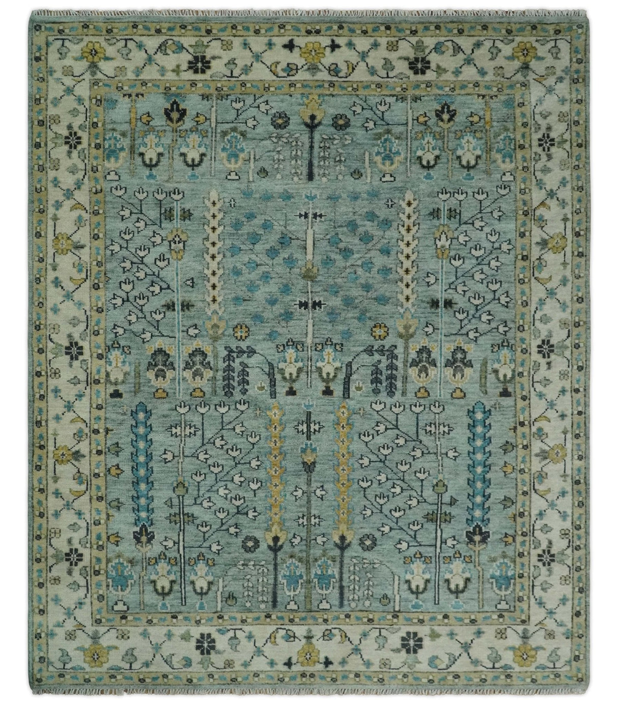 Hand Knotted Traditional Aqua and Ivory Antique Oushak Custom Made Wool Area Rug