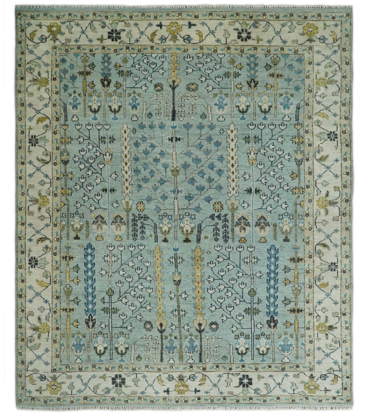 Hand Knotted Traditional Aqua and Ivory Antique Oushak Custom Made Wool Area Rug