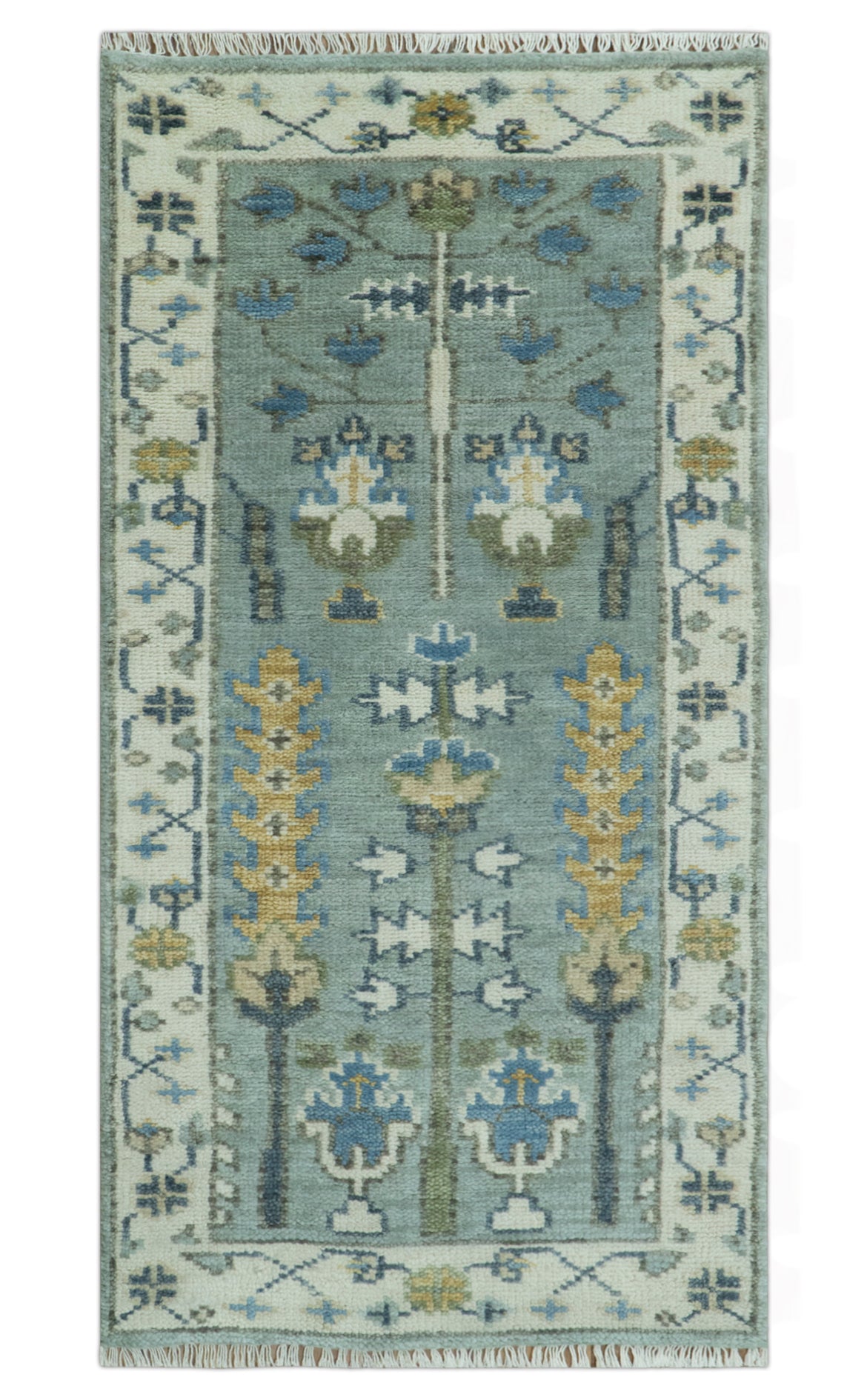 Hand Knotted Traditional Aqua and Ivory Antique Oushak Custom Made Wool Area Rug