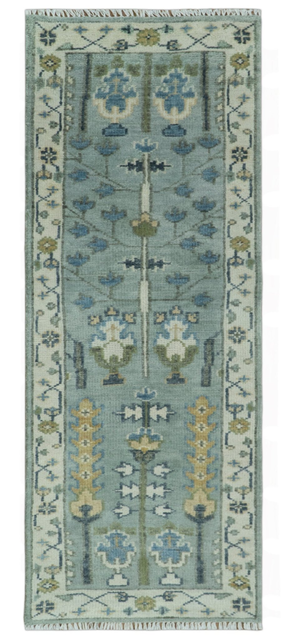 Hand Knotted Traditional Aqua and Ivory Antique Oushak Custom Made Wool Area Rug