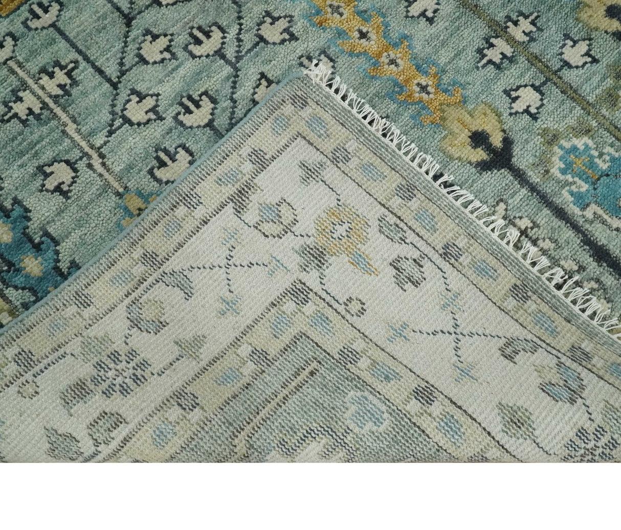 Hand Knotted Traditional Aqua and Ivory Antique Oushak Custom Made Wool Area Rug