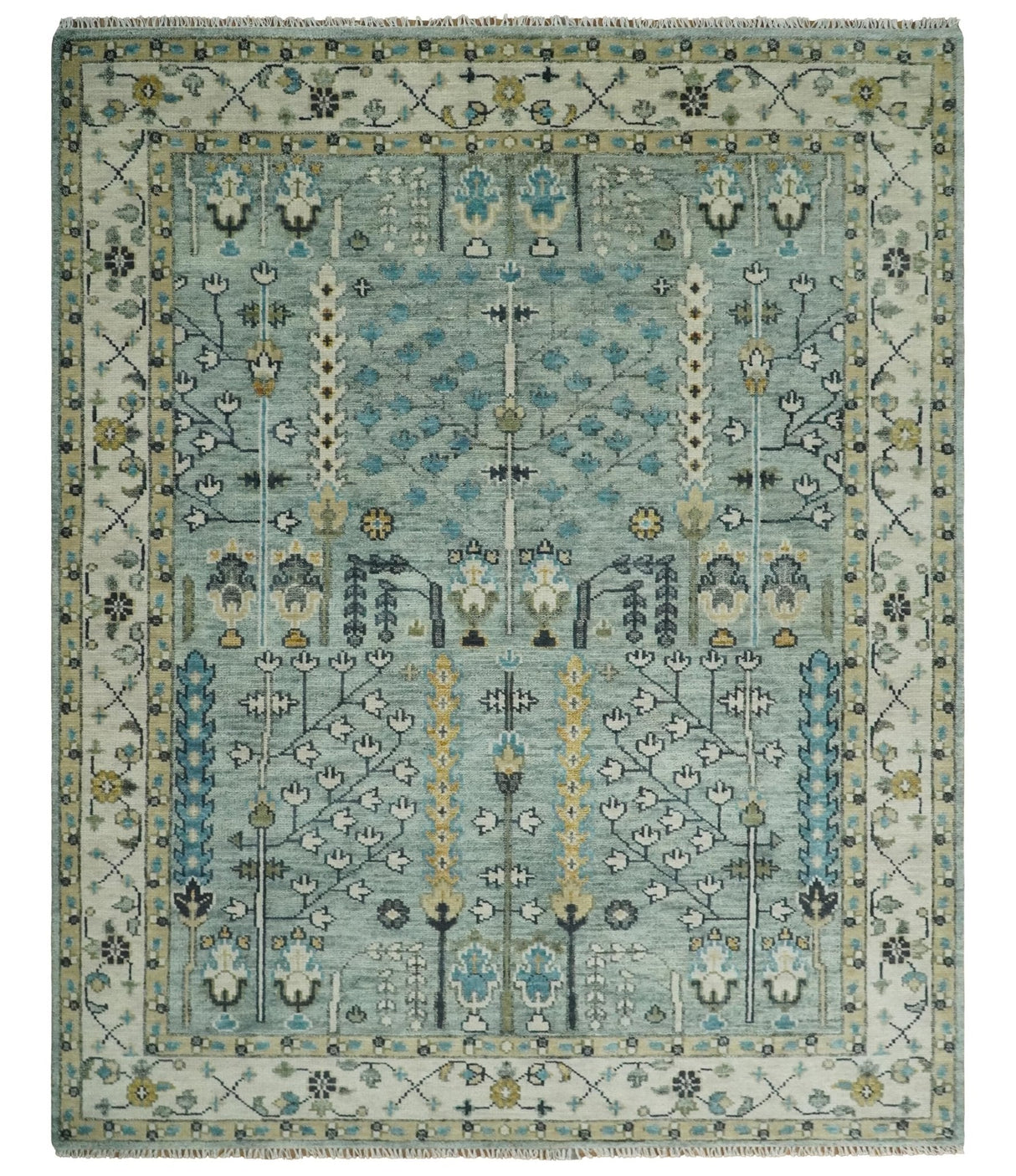 Hand Knotted Traditional Aqua and Ivory Antique Oushak Custom Made Wool Area Rug
