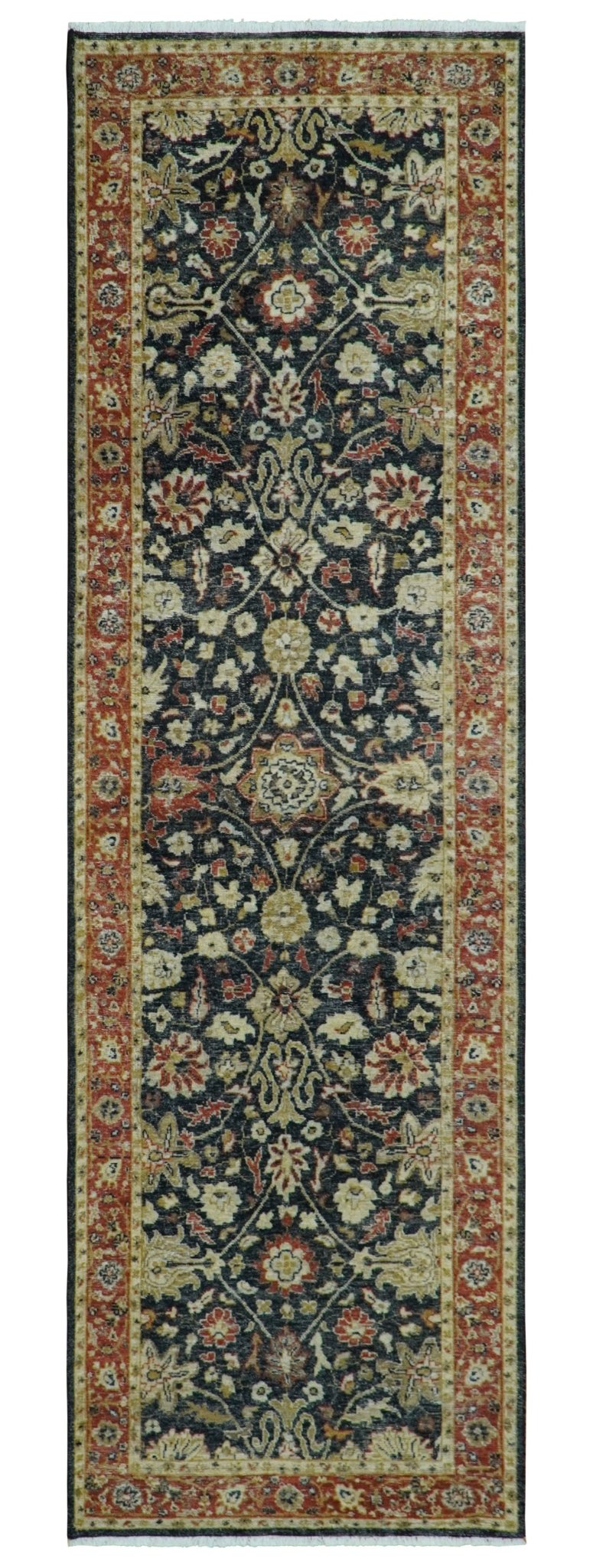 Hand Knotted Traditional Black, Rust and Beige Textured Low Pile Distressed Wool Rug
