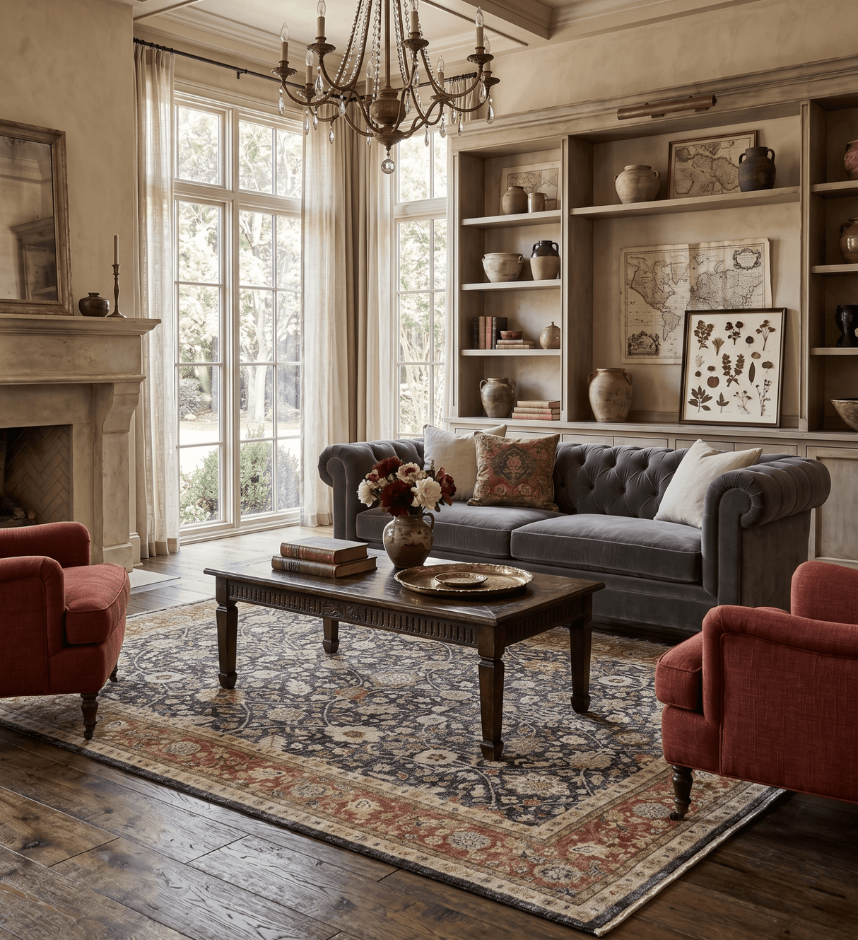 Hand Knotted Traditional Black, Rust and Beige Textured Low Pile Distressed Wool Rug