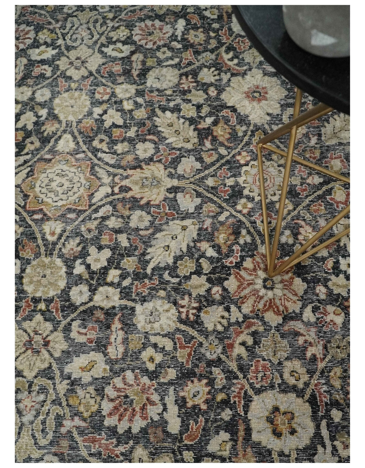Hand Knotted Traditional Black, Rust and Beige Textured Low Pile Distressed Wool Rug
