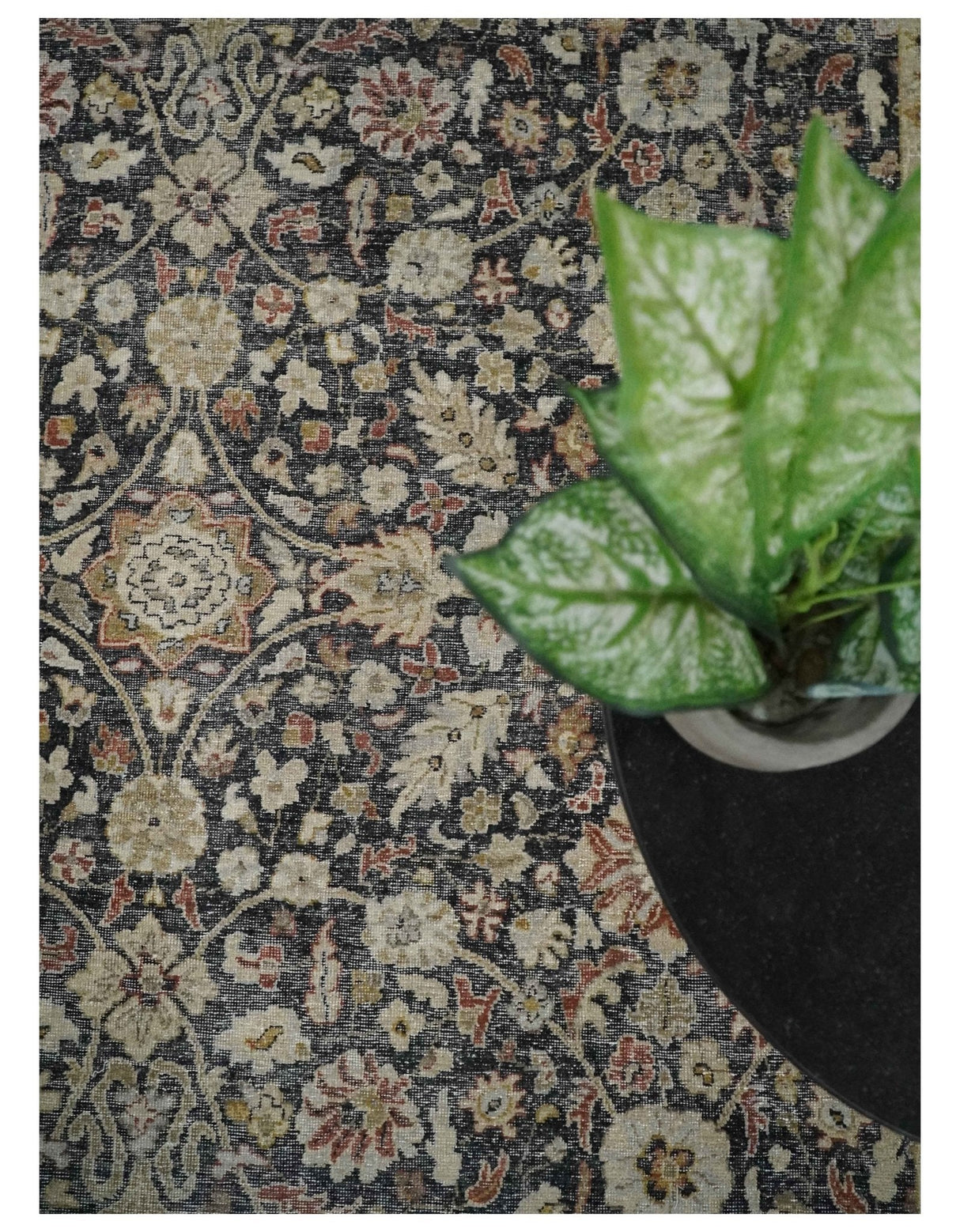 Hand Knotted Traditional Black, Rust and Beige Textured Low Pile Distressed Wool Rug