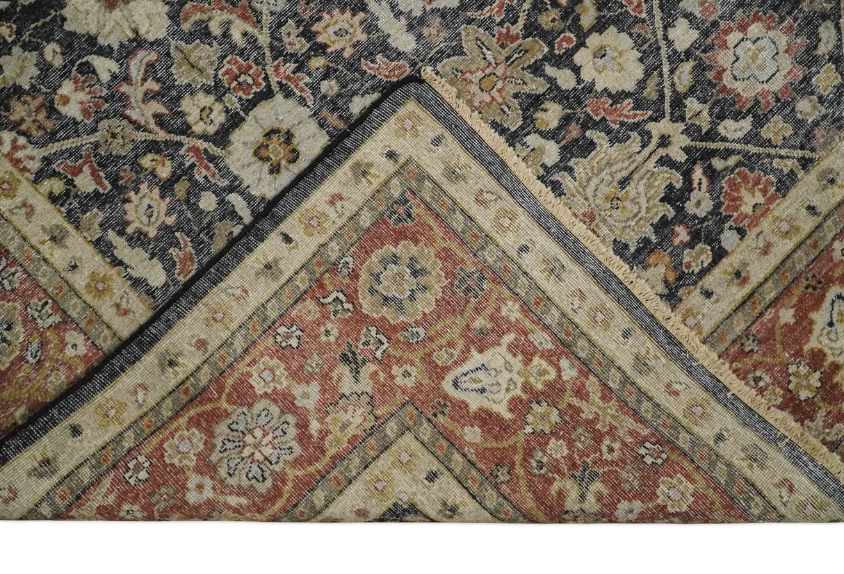Hand Knotted Traditional Black, Rust and Beige Textured Low Pile Distressed Wool Rug