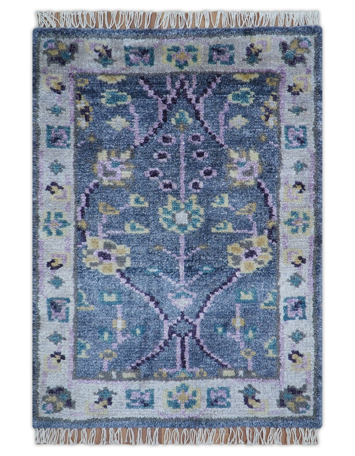 Hand Knotted Traditional Design Blue And Ivory 2x3 Wool Area Rug