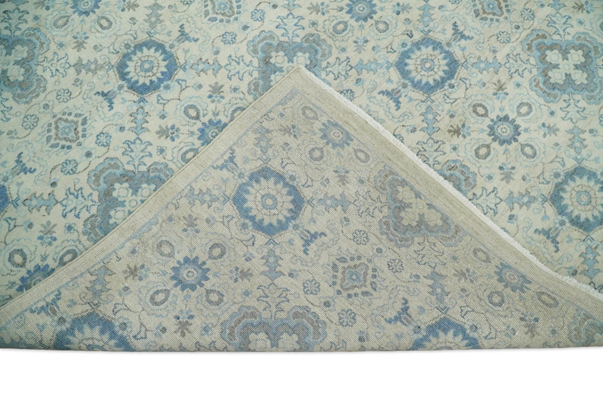 Hand Knotted Traditional Ivory and Blue Oxidized Textured Low Pile Wool Rug