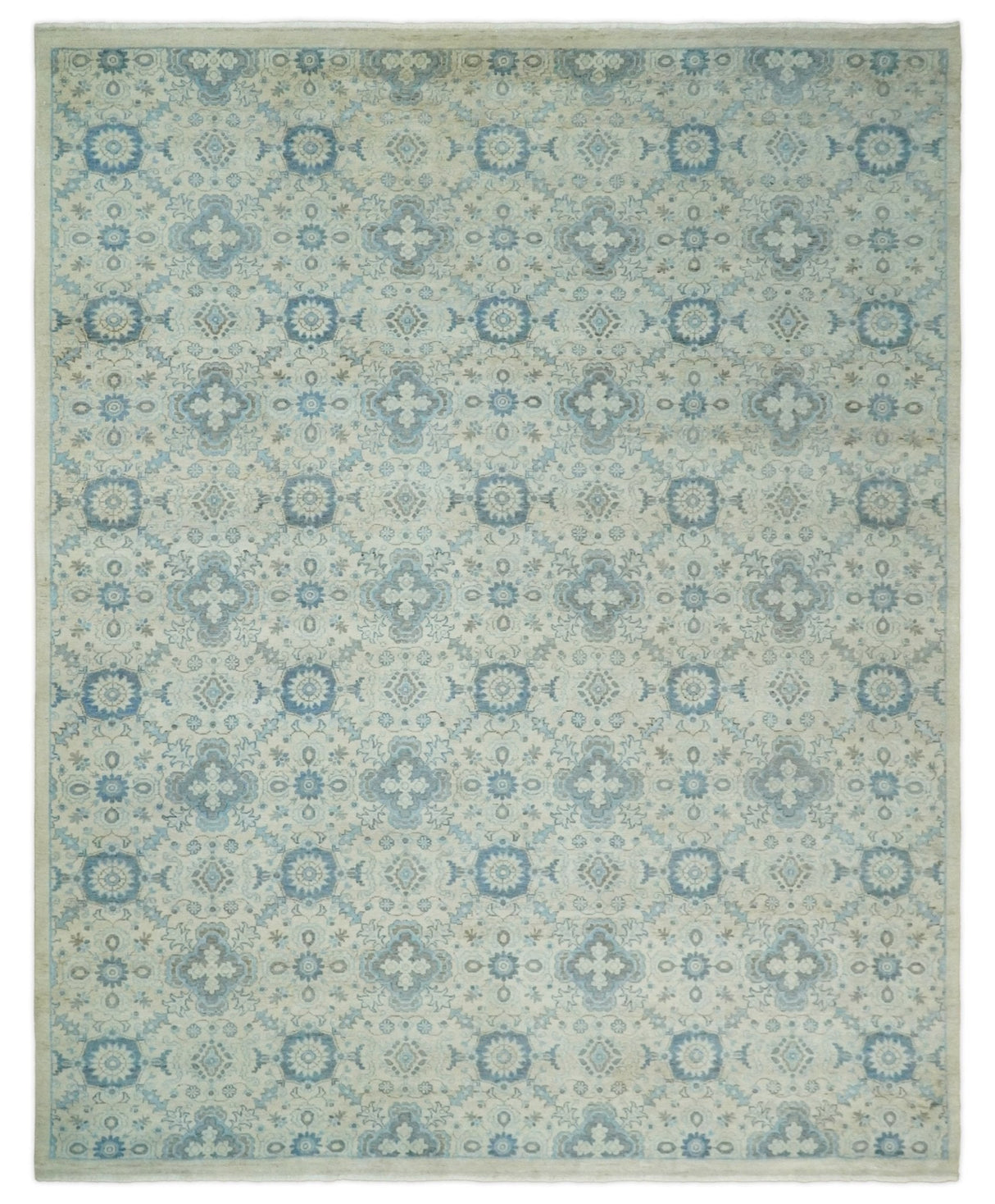 Hand Knotted Traditional Ivory and Blue Oxidized Textured Low Pile Wool Rug