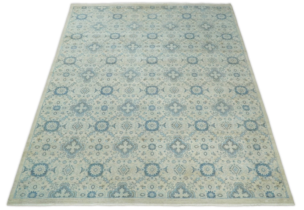 Hand Knotted Traditional Ivory and Blue Oxidized Textured Low Pile Wool Rug