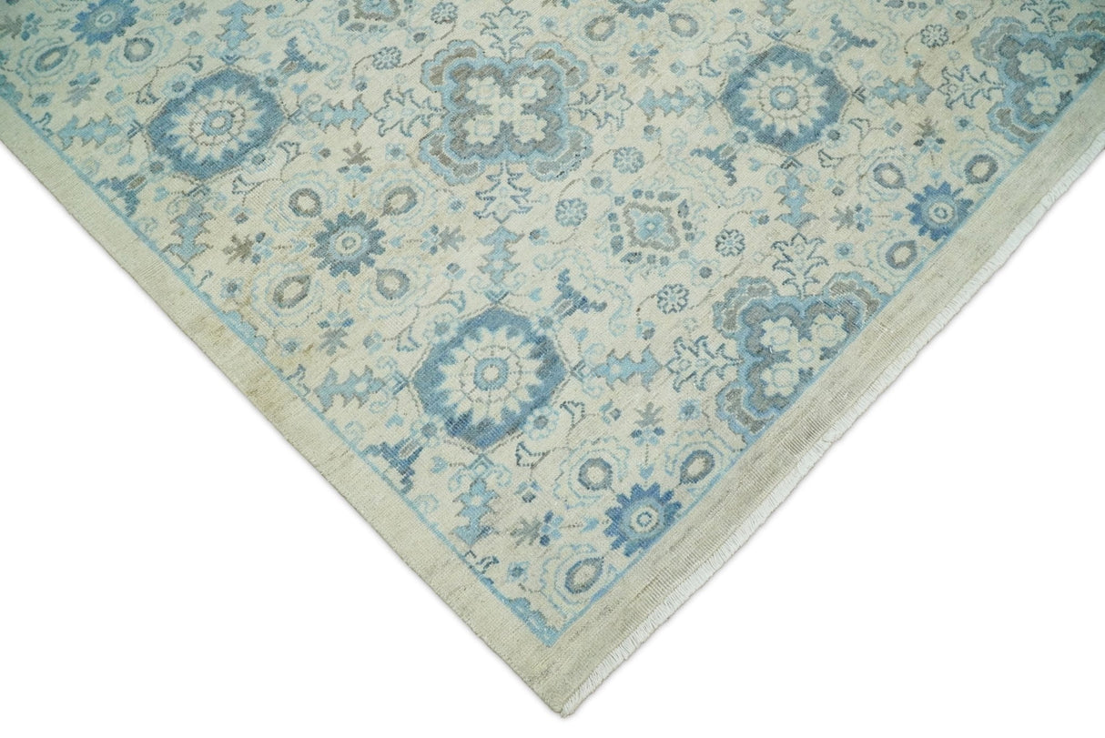 Hand Knotted Traditional Ivory and Blue Oxidized Textured Low Pile Wool Rug