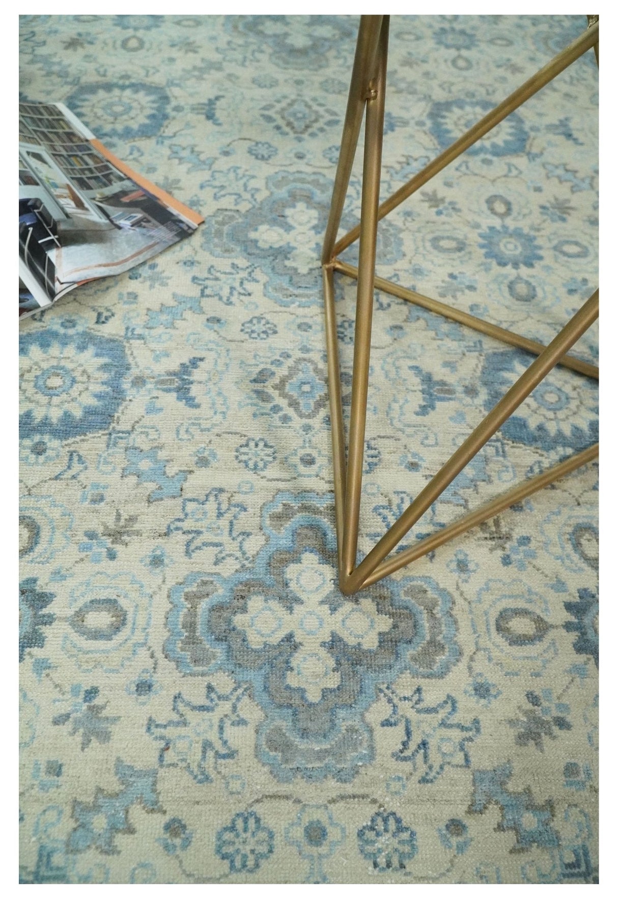 Hand Knotted Traditional Ivory and Blue Oxidized Textured Low Pile Wool Rug
