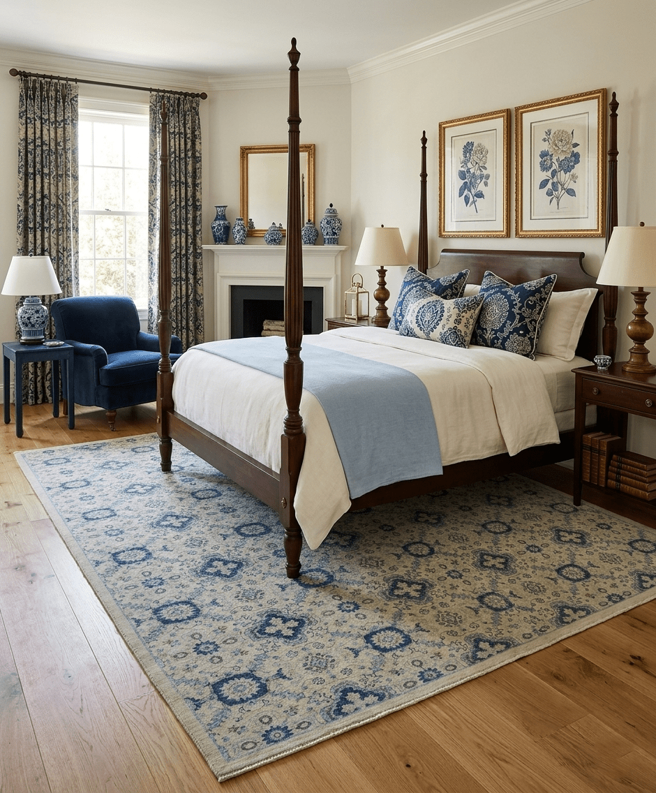 Hand Knotted Traditional Ivory and Blue Oxidized Textured Low Pile Wool Rug