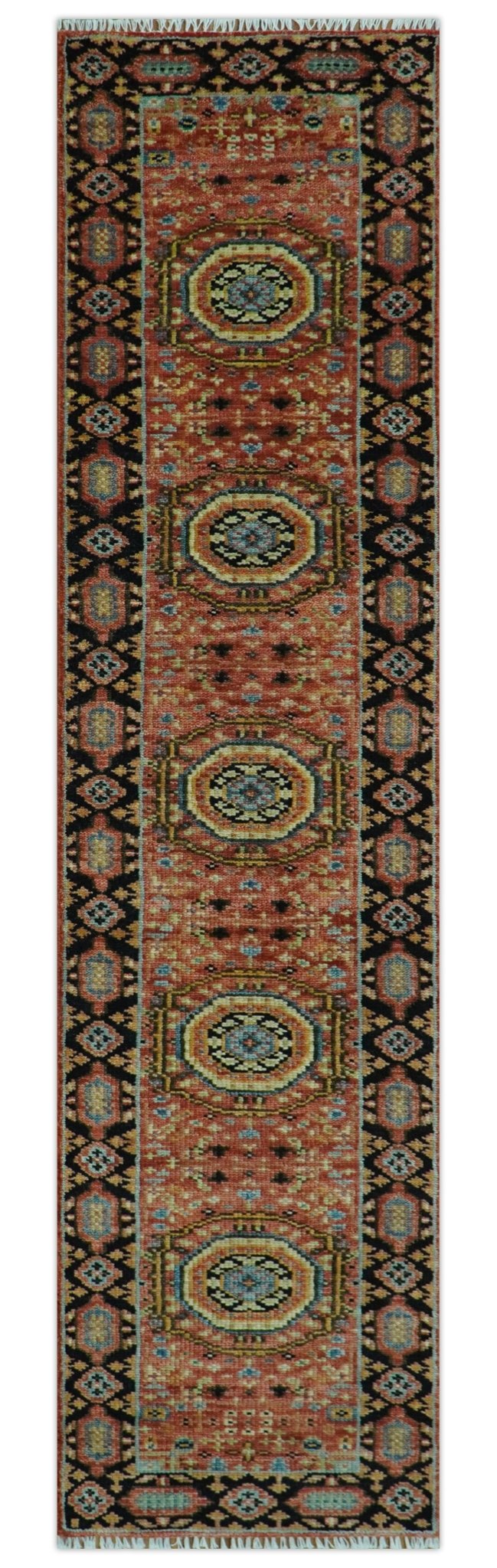 Hand Knotted Traditional Kazak Medallion Rust and Black Wool Area Rug