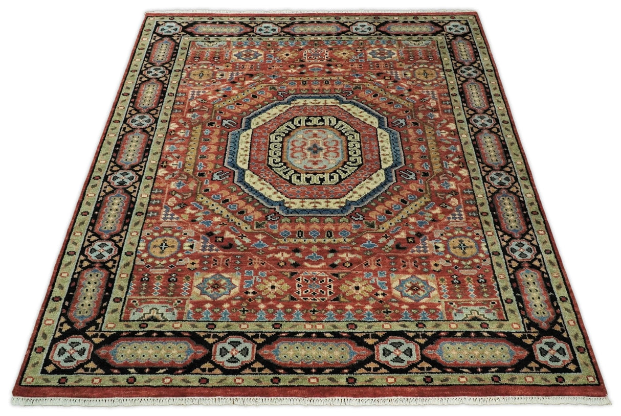 Hand Knotted Traditional Kazak Medallion Rust and Black Wool Area Rug
