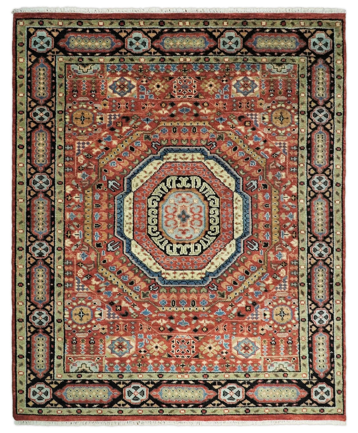Hand Knotted Traditional Kazak Medallion Rust and Black Wool Area Rug