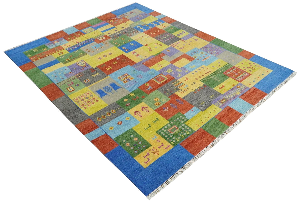 Alfombra de lana anudada a mano, diseño Gabbeh tradicional multicolor estilo tribal antiguo