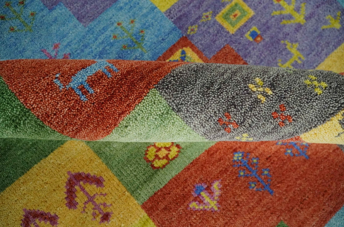 Alfombra de lana anudada a mano, diseño Gabbeh tradicional multicolor estilo tribal antiguo