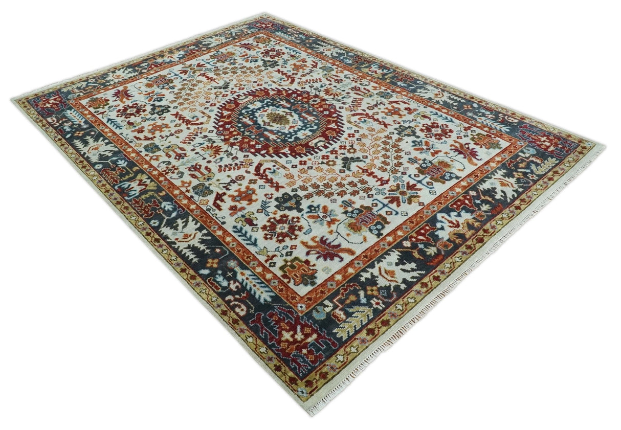 Hand Knotted traditional Oriental Ivory, Rust and Gray wool Area Rug