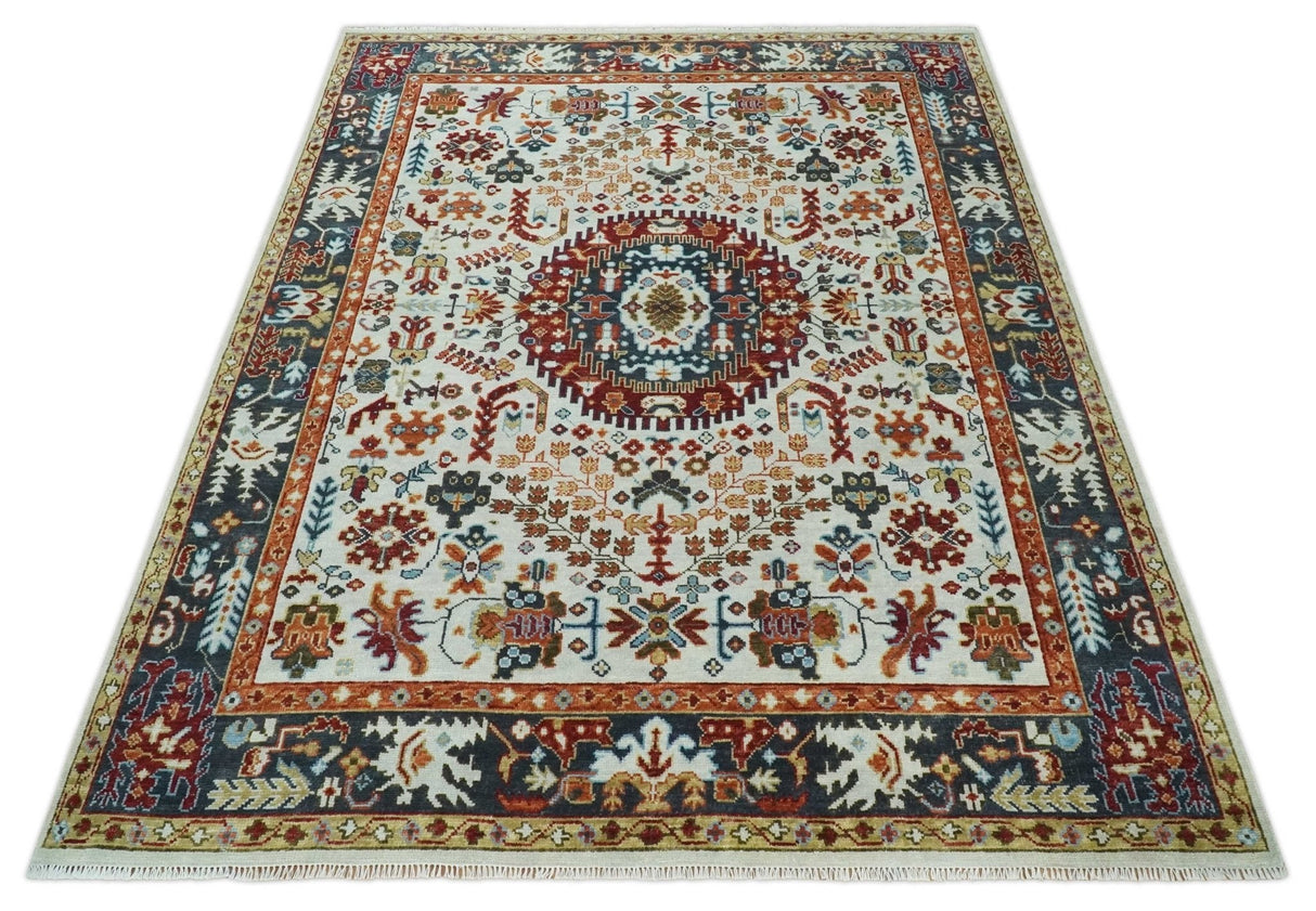Hand Knotted traditional Oriental Ivory, Rust and Gray wool Area Rug
