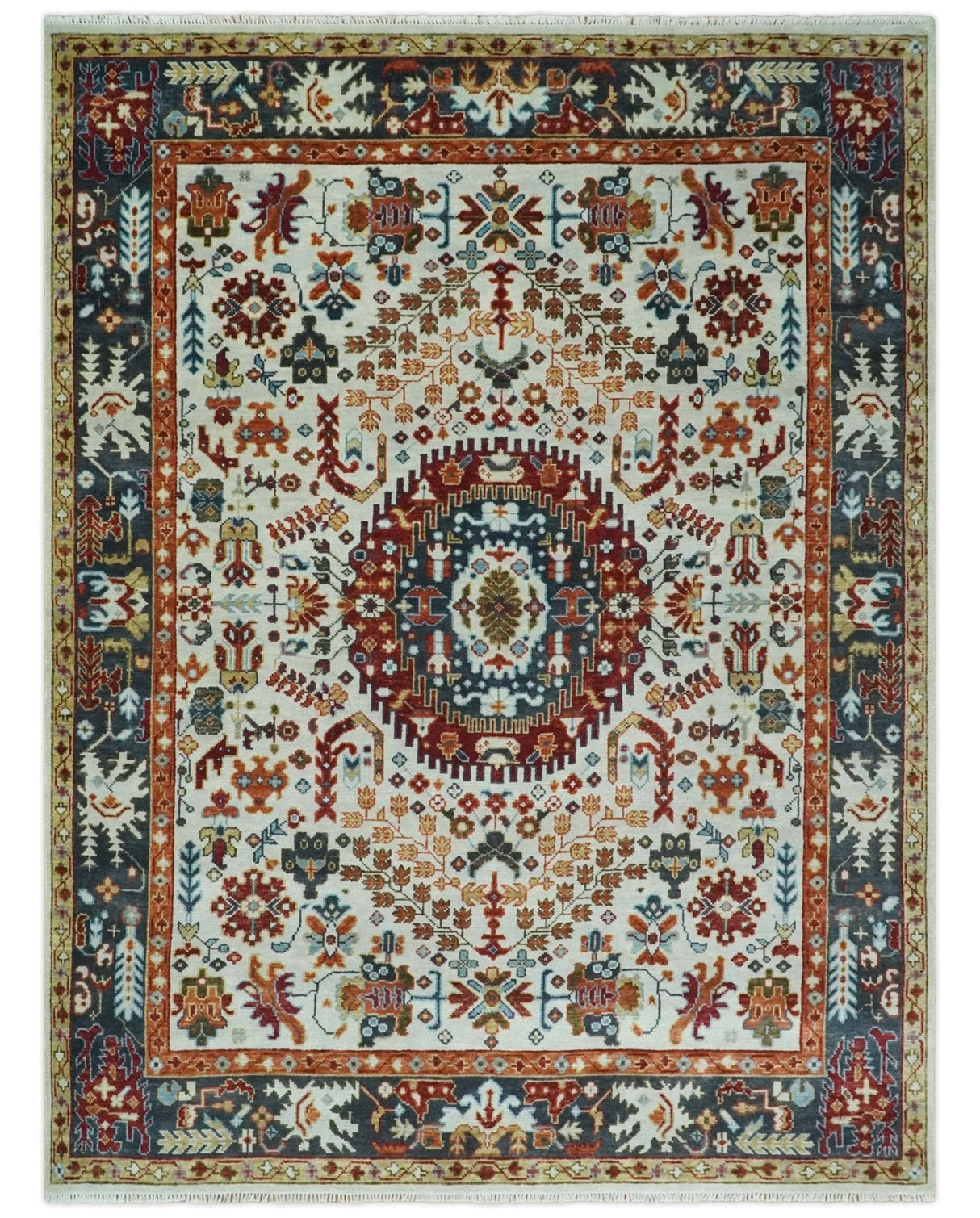 Hand Knotted traditional Oriental Ivory, Rust and Gray wool Area Rug