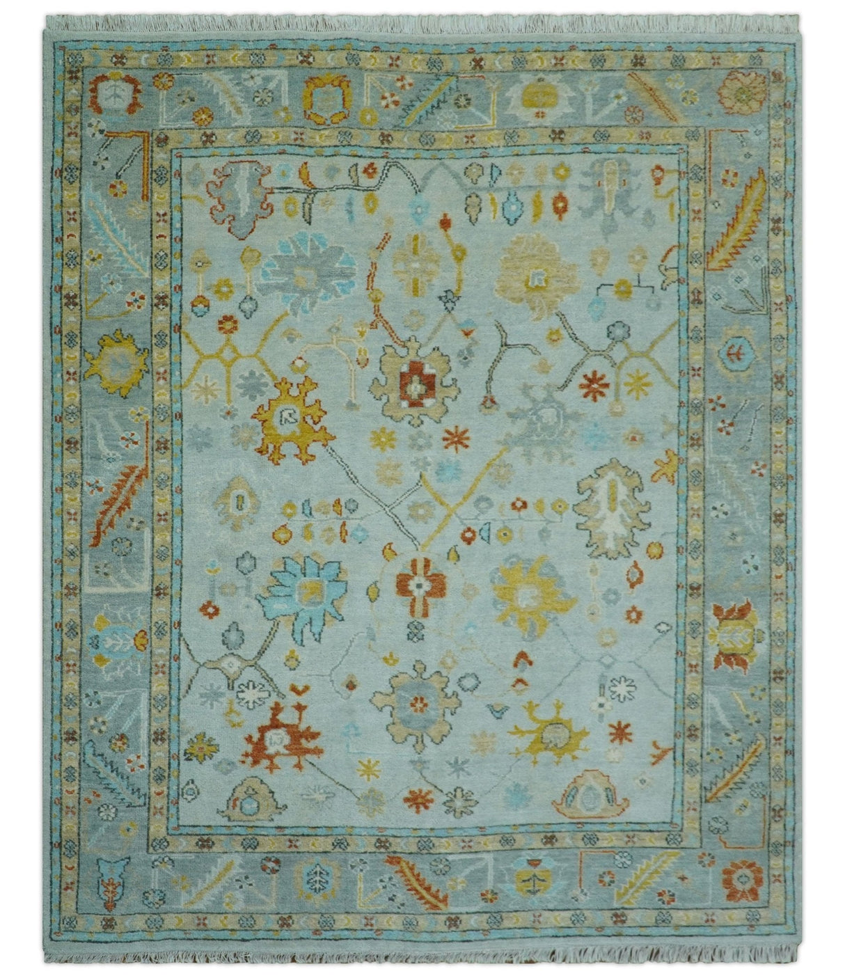 Hand Knotted Traditional Oushak Blue And Mustard Wool Rug