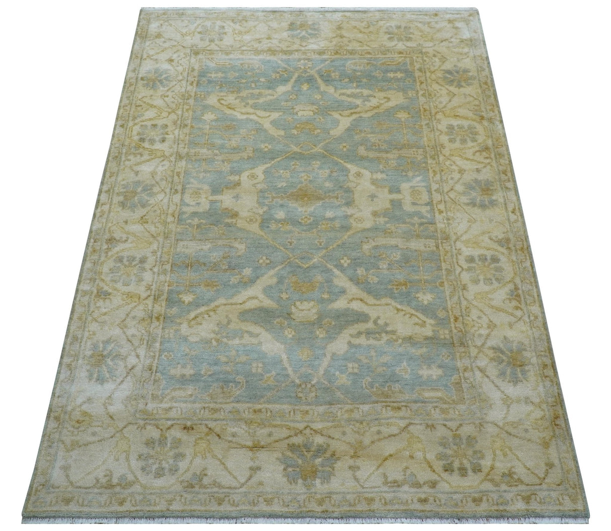 Hand Knotted Traditional Oushak Design Blue And Beige 6x9 Wool Rug