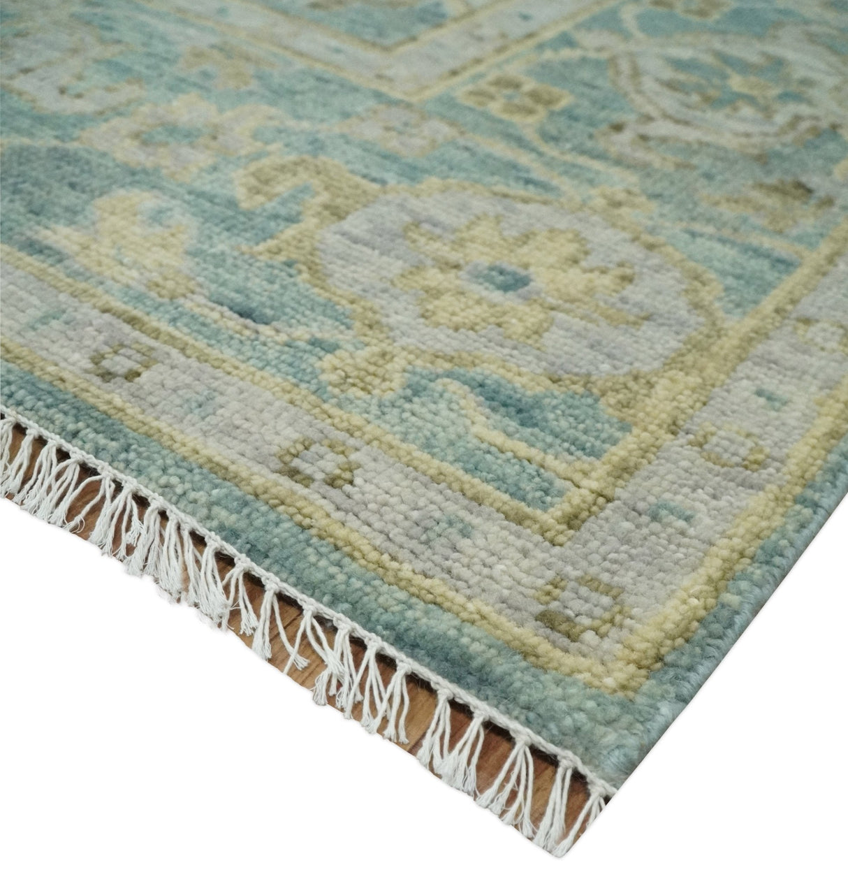 Hand Knotted Traditional Turkish Oushak Blue And Beige Wool Rug