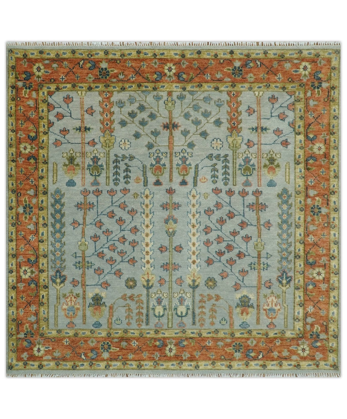 Hand Knotted Tree of Life Rust and Blue Traditional Turkish Design Wool Rug