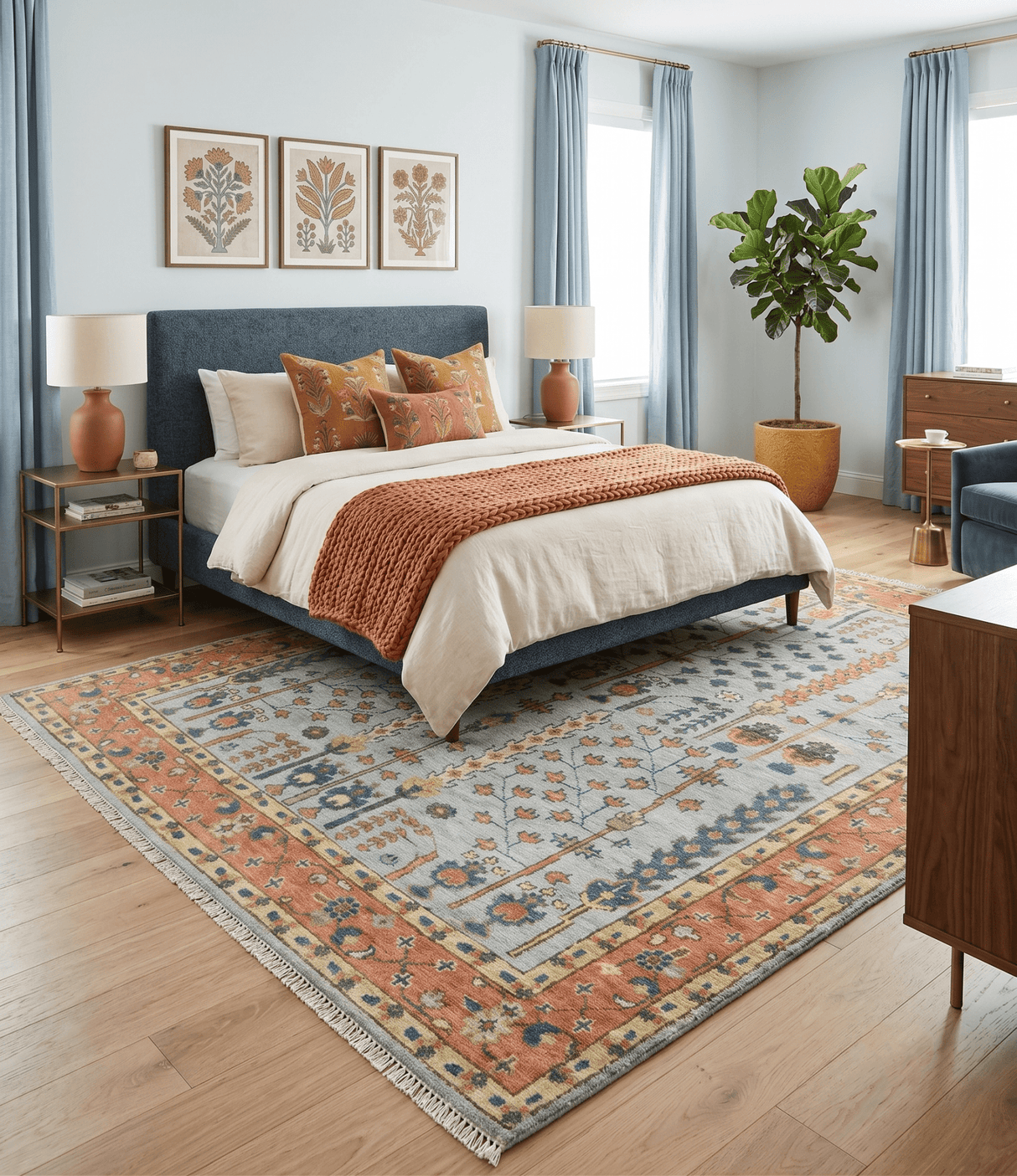 Hand Knotted Tree of Life Rust and Blue Traditional Turkish Design Wool Rug