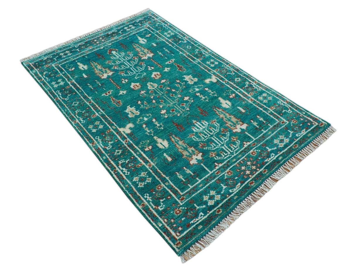 Hand knotted Tree of life Teal Traditional Style 4x6 Wool Area Rug