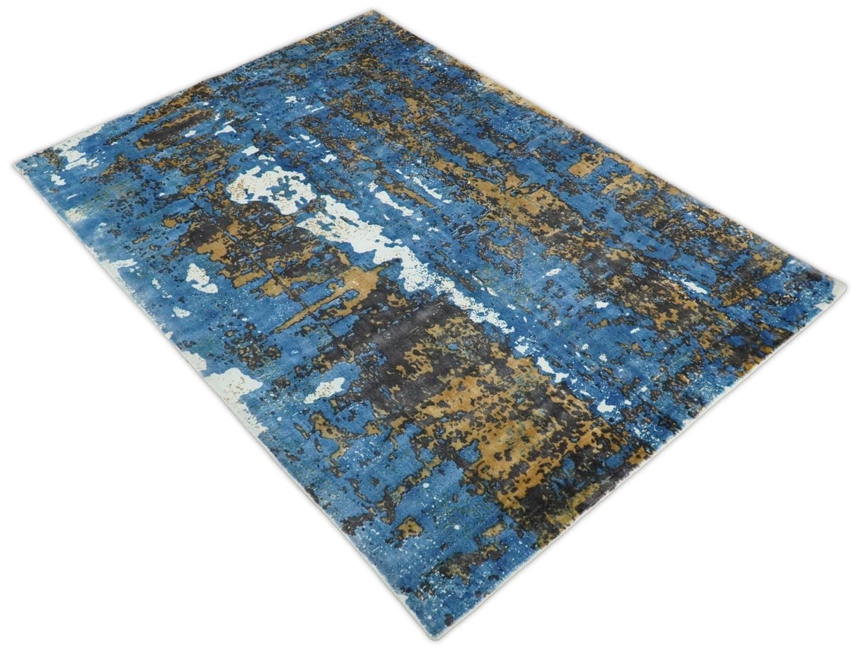 Hand Loom 5.8x8 Modern Abstract Blue and Brown Bamboo Silk Rug
