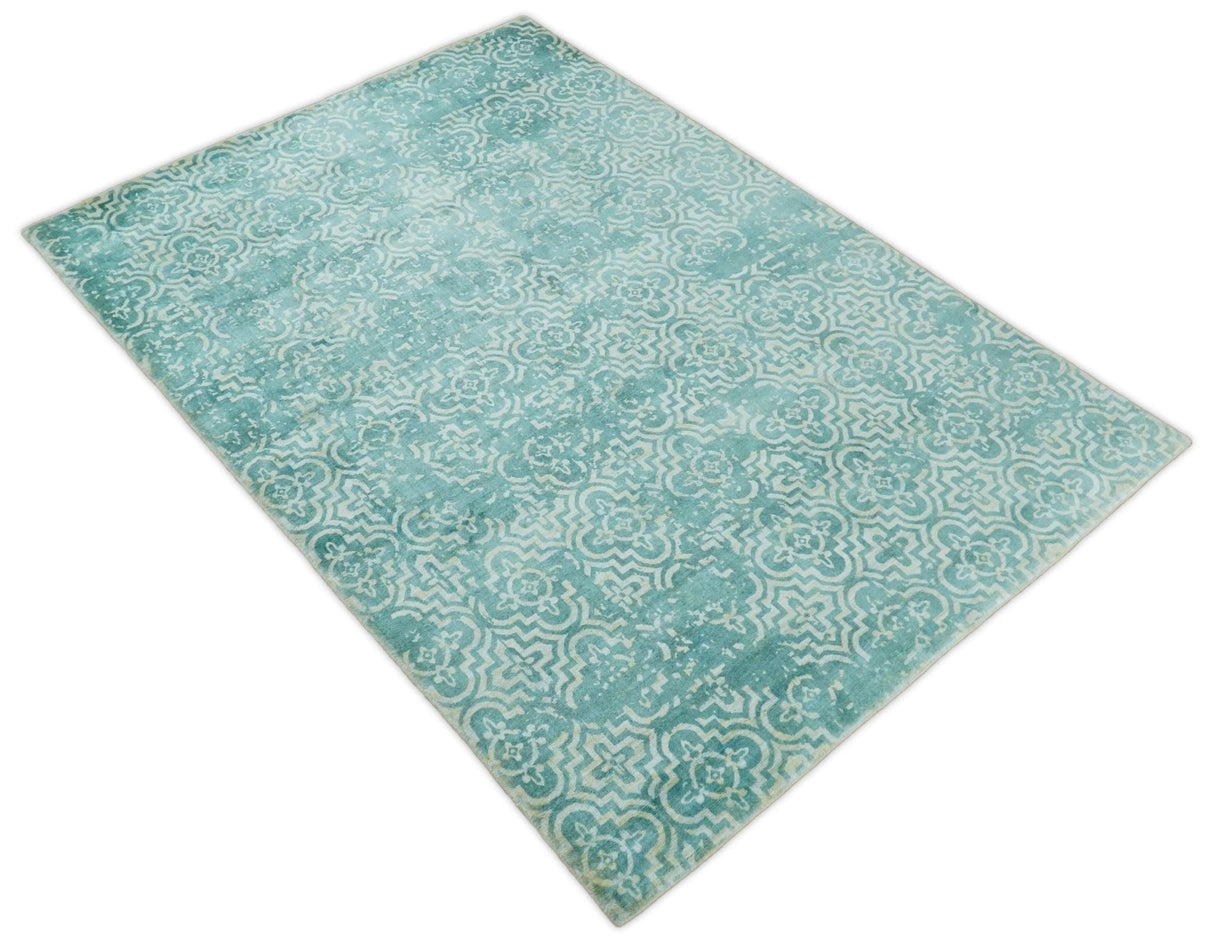 Hand Loom 5x8 Modern Style Teal Wool Blend Area Rug