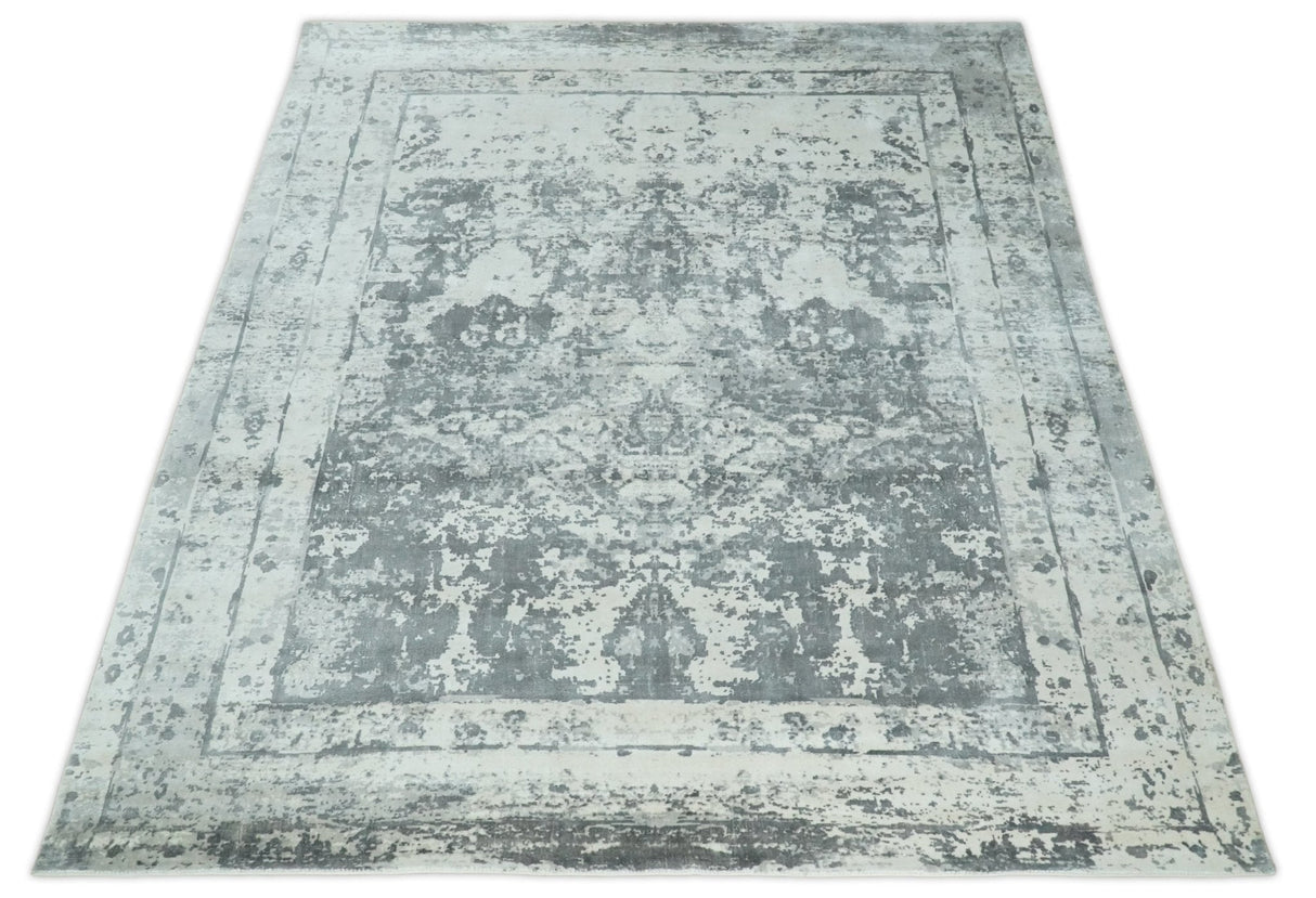 Hand Loom 8x10 Abstract Ivory and Gray Blended Wool and Bamboo Silk Area Rug