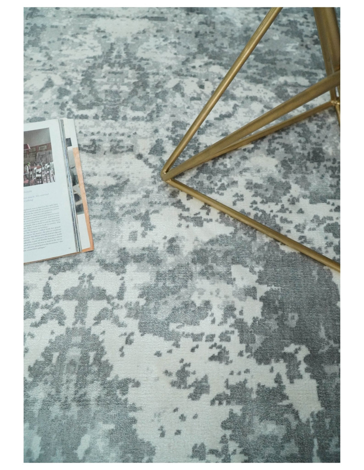 Hand Loom 8x10 Abstract Ivory and Gray Blended Wool and Bamboo Silk Area Rug