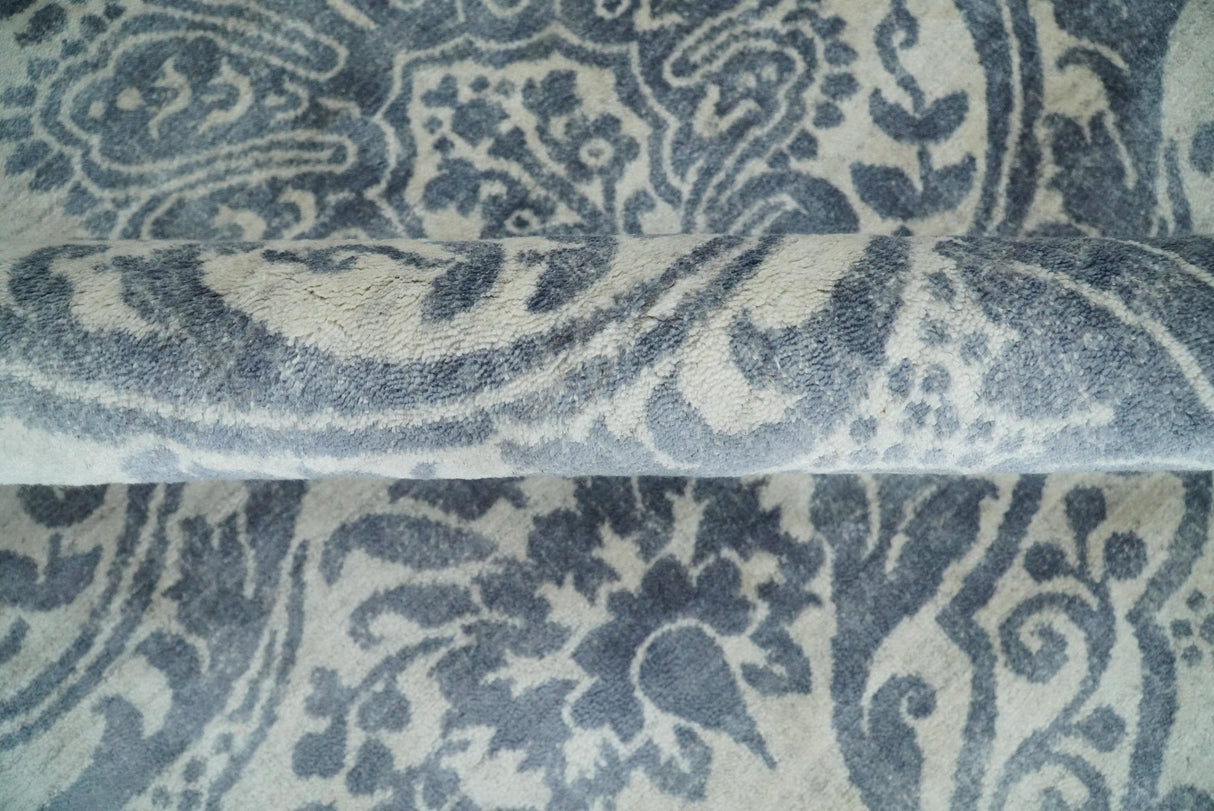 Hand Loom 8x10 Damask Ivory and gray Blended Wool and Bamboo Silk Area Rug