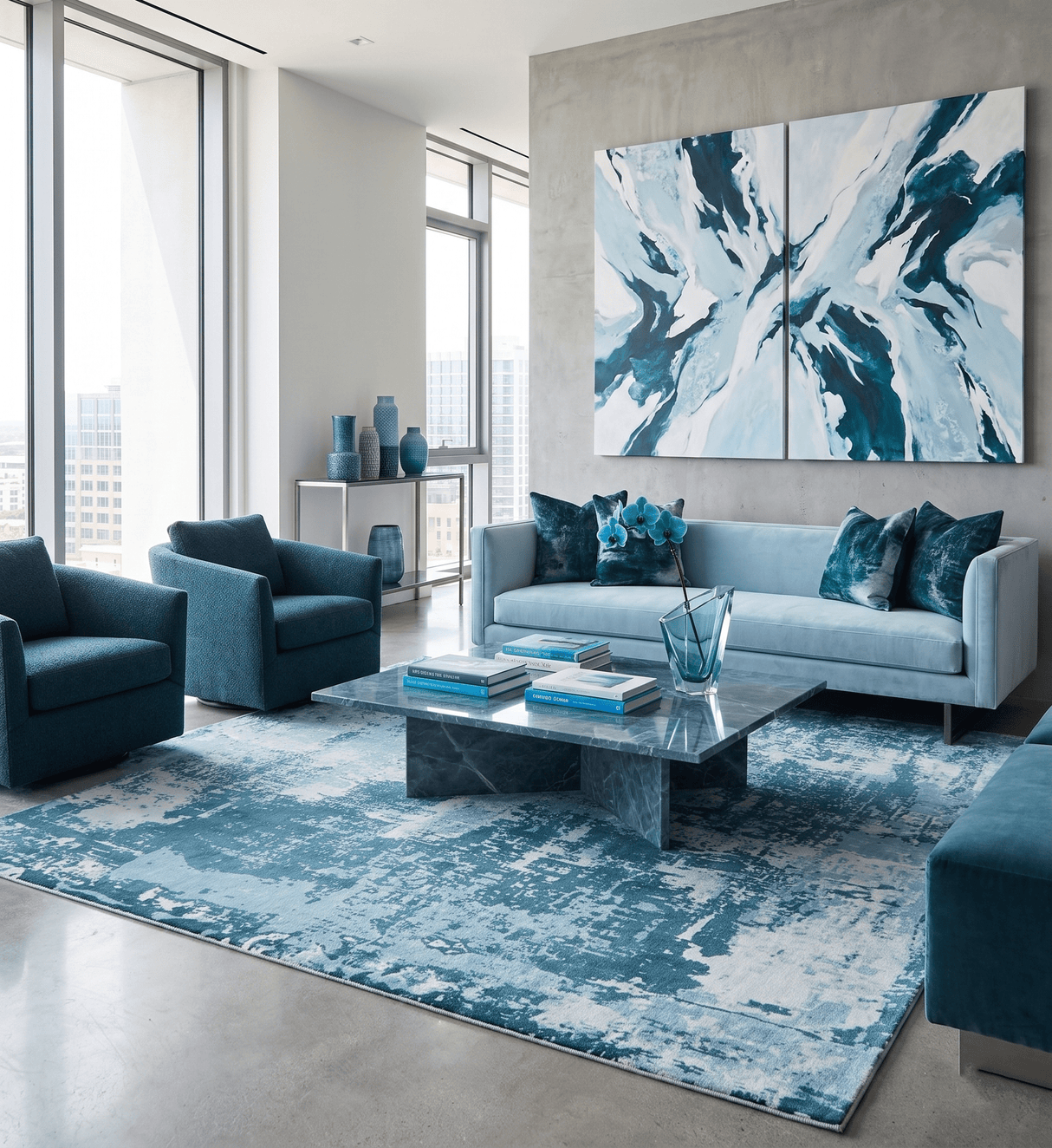 Hand Loom Modern Abstract Blue Wool and Bamboo Silk Area Rug
