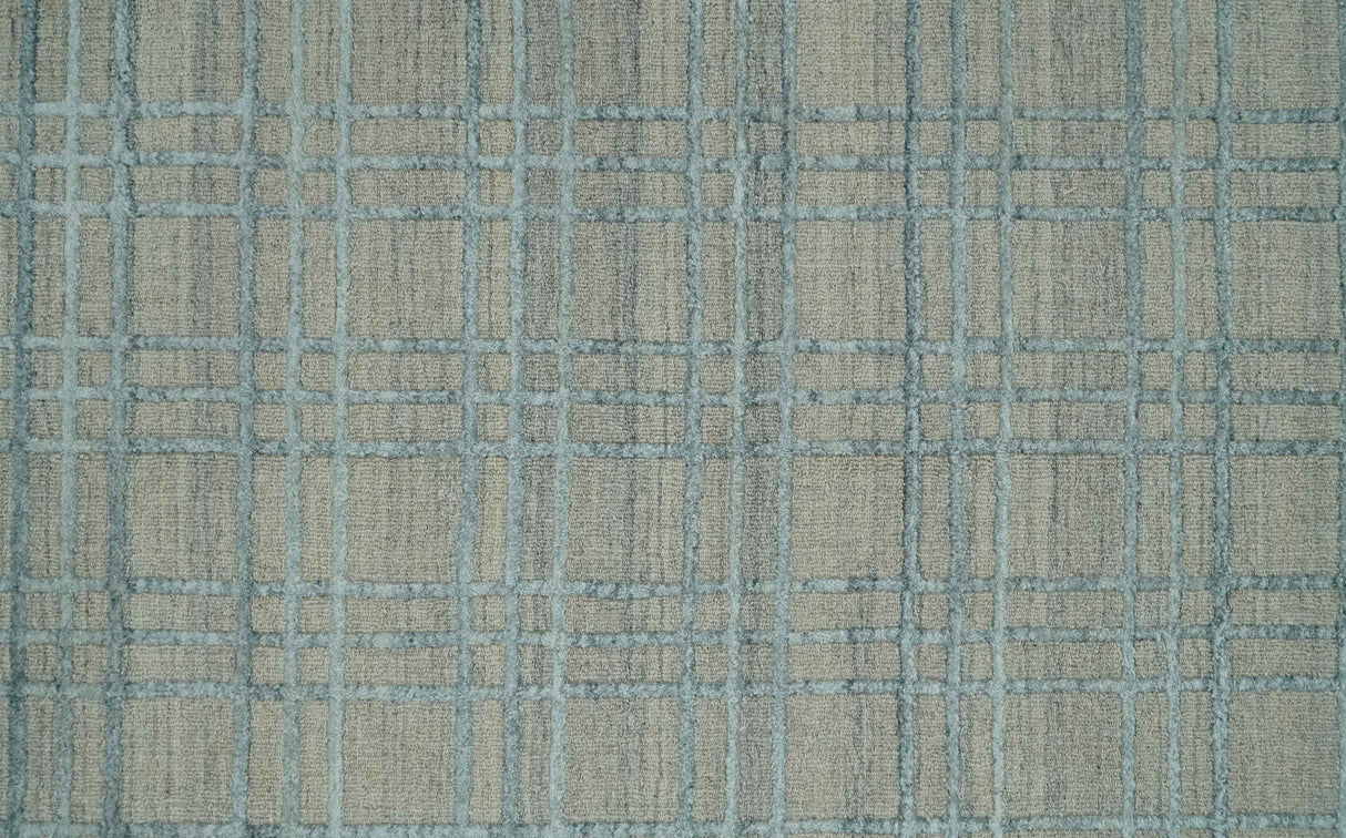 Hand Made 8x10 Modern Geometric striped Beige and Silver Blended Wool Area Rug